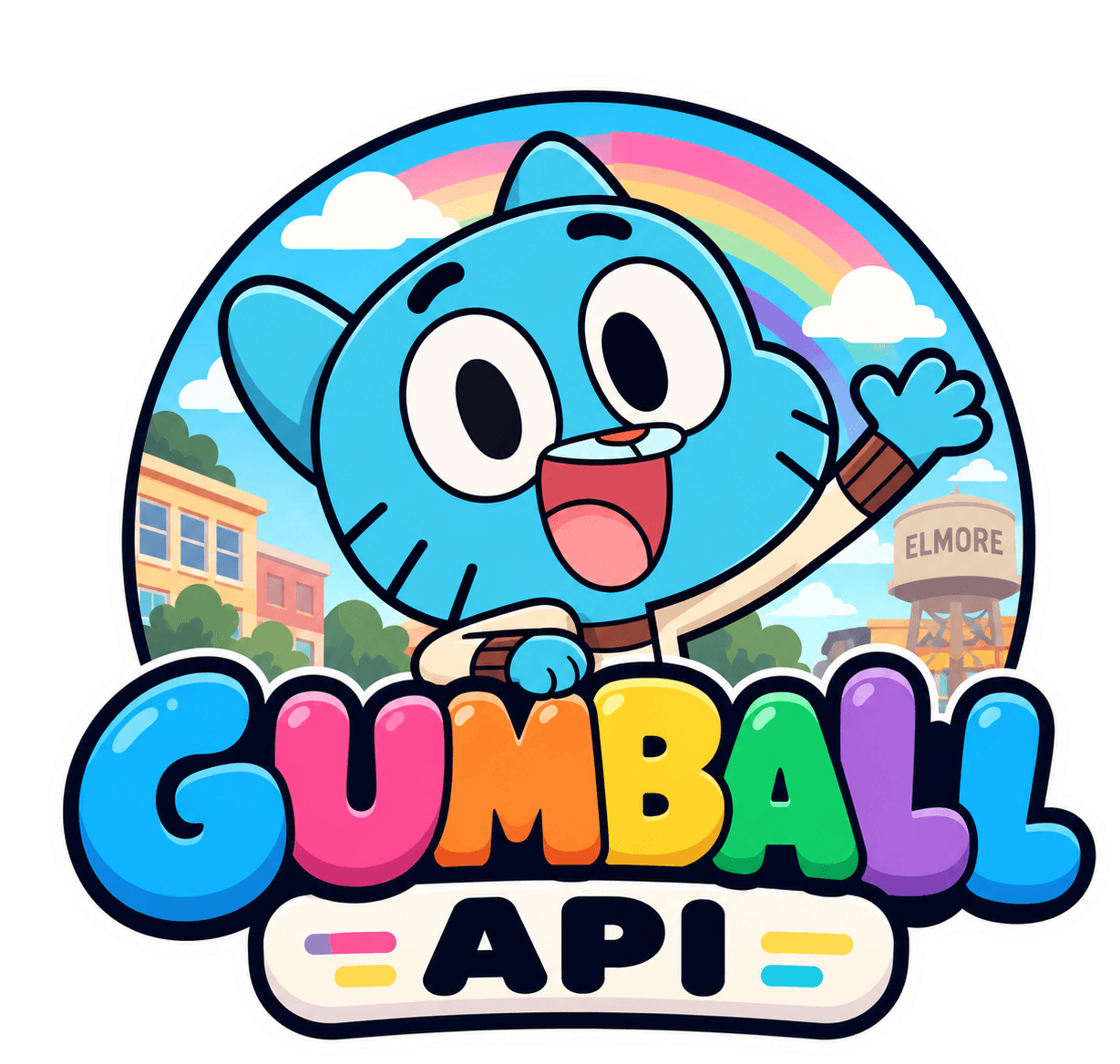 Gumball waving above the Gumball API logo